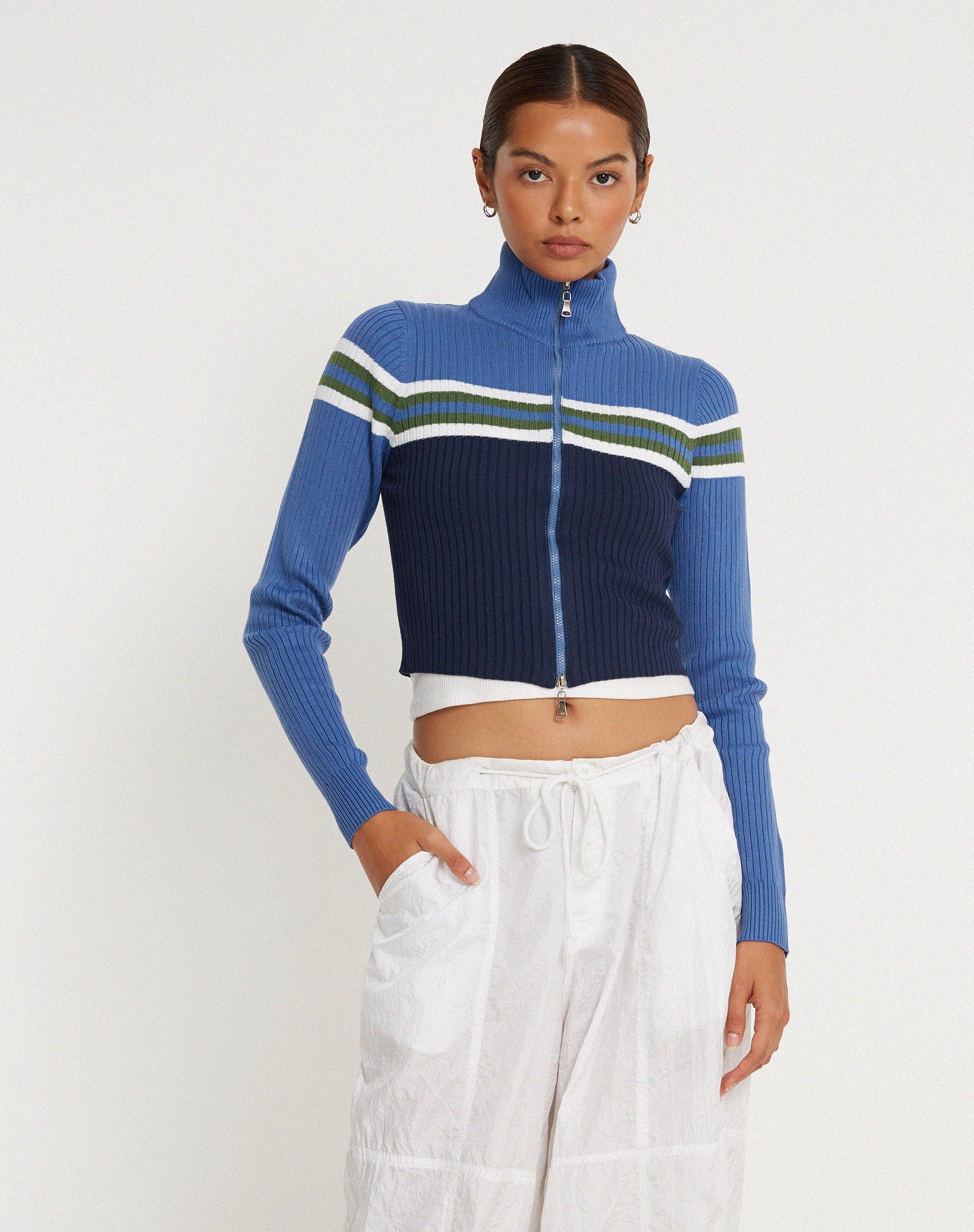 image of Tuzifa Cropped Knit Jumper in Navy Green and Blue