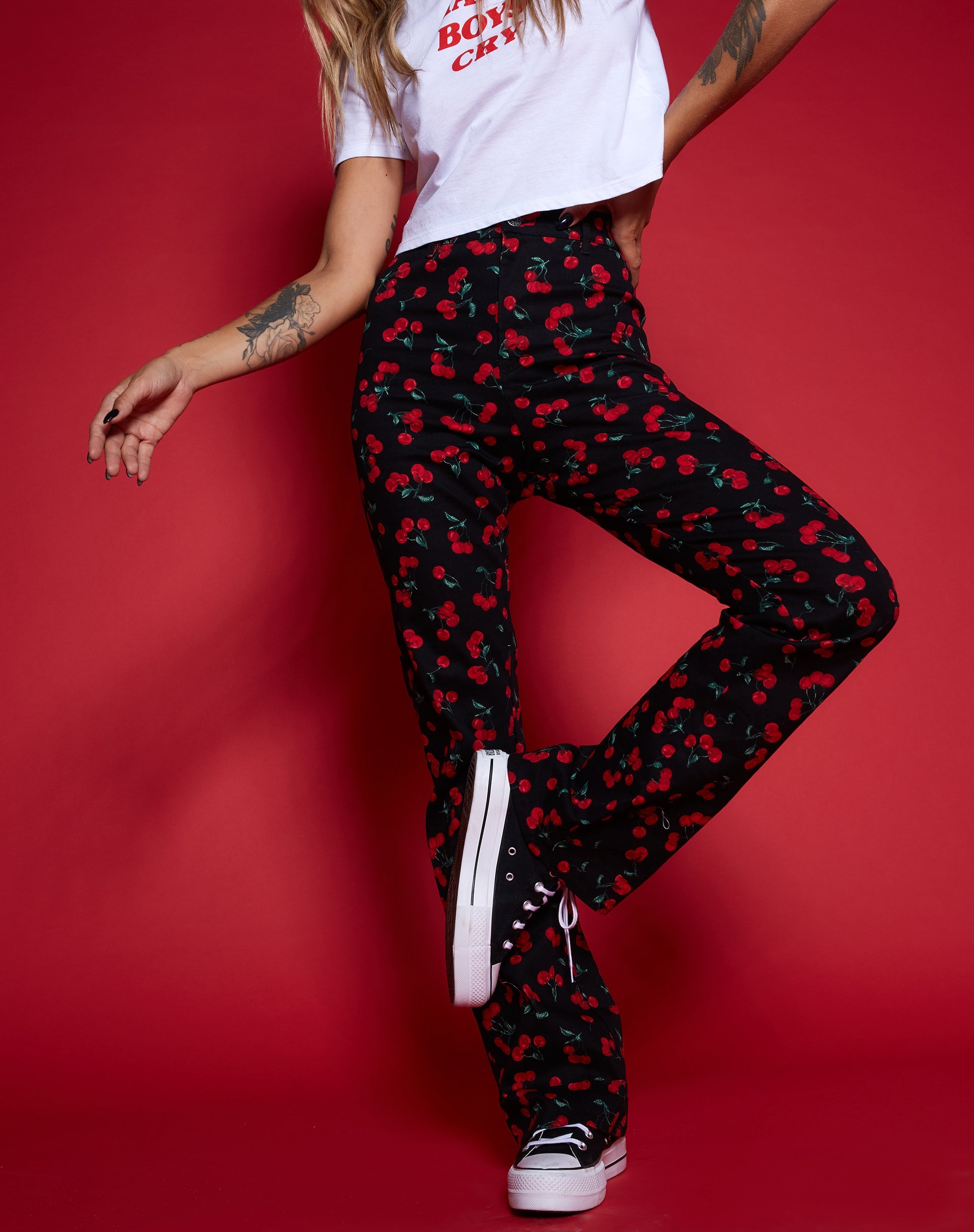Image of Zoven Flare Trouser in Cherries Black
