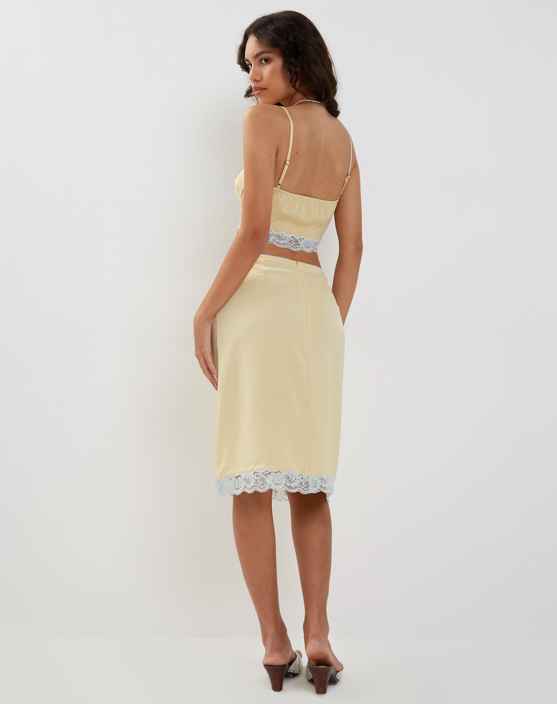 Image of Resika Low Rise Midi Skirt in Satin Pale Yellow