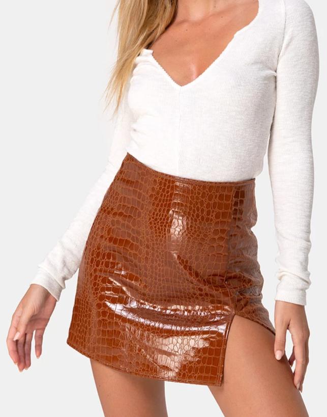 Image of Wren Mini Skirt in PU Croco Brown