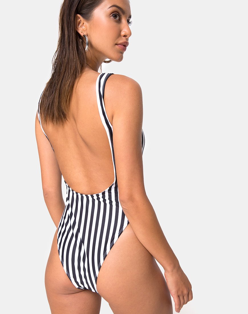 Image of Yelda Plunge Swimsuit in Black and White Stripe