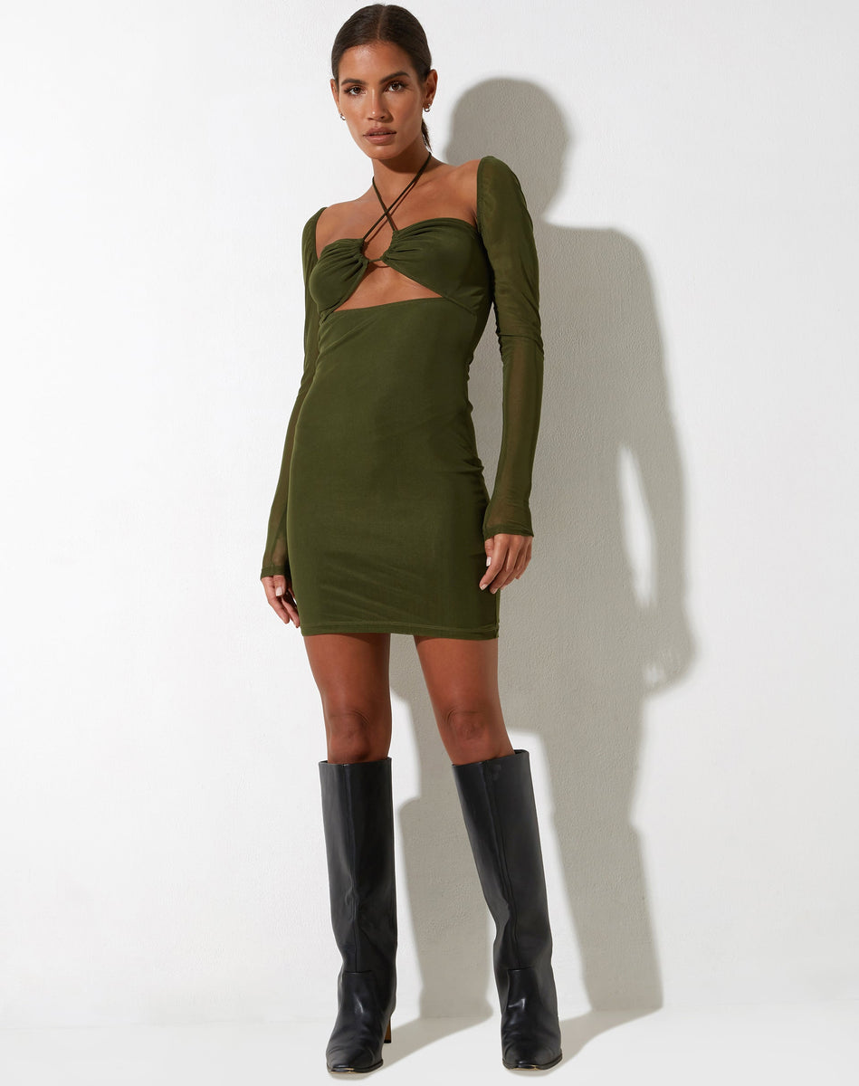 Mesh Khaki Long Sleeve Halter Neck Bodycon Mini Dress | Yuvila ...