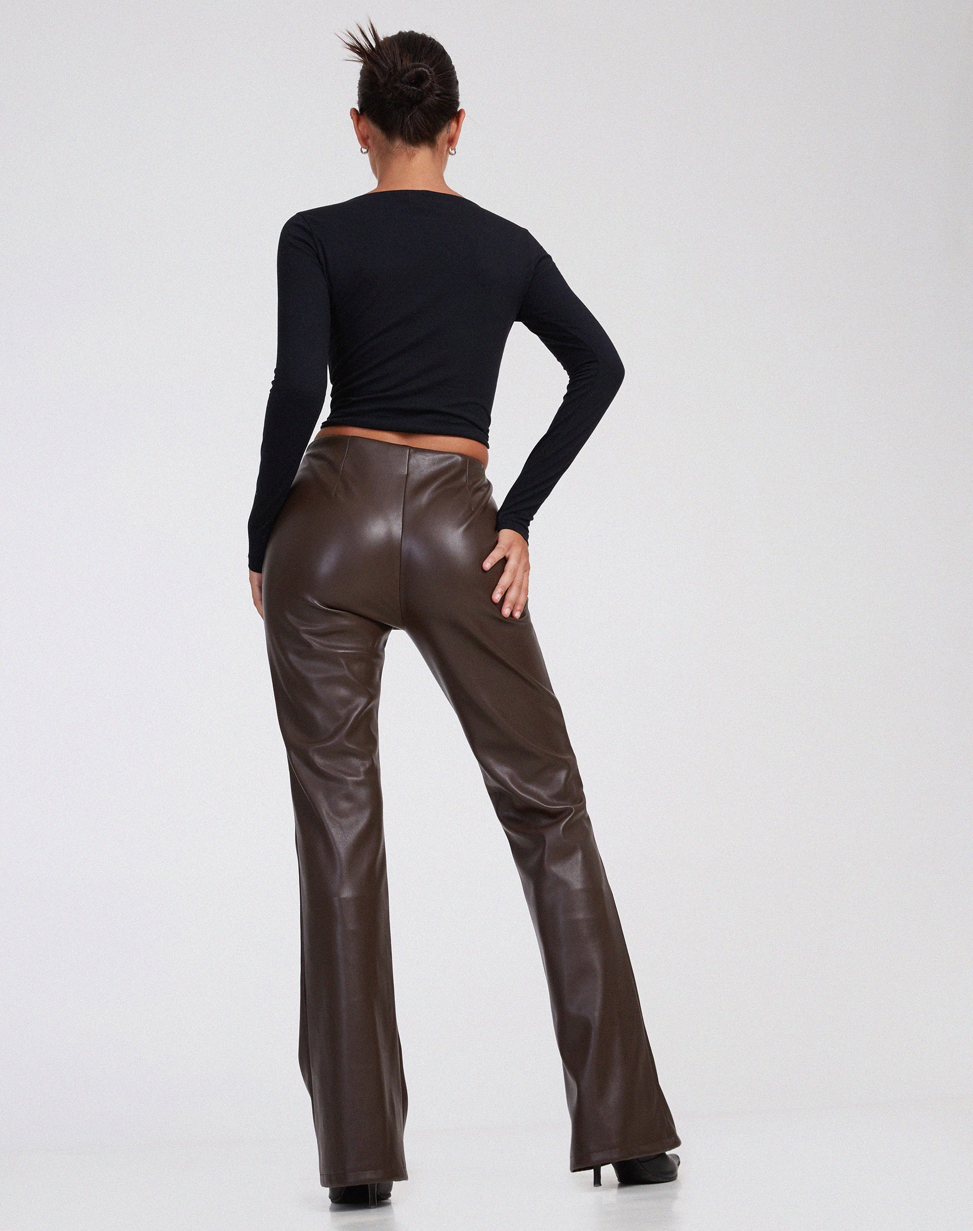 image of Zinam Flared Leg Trouser in PU Brown