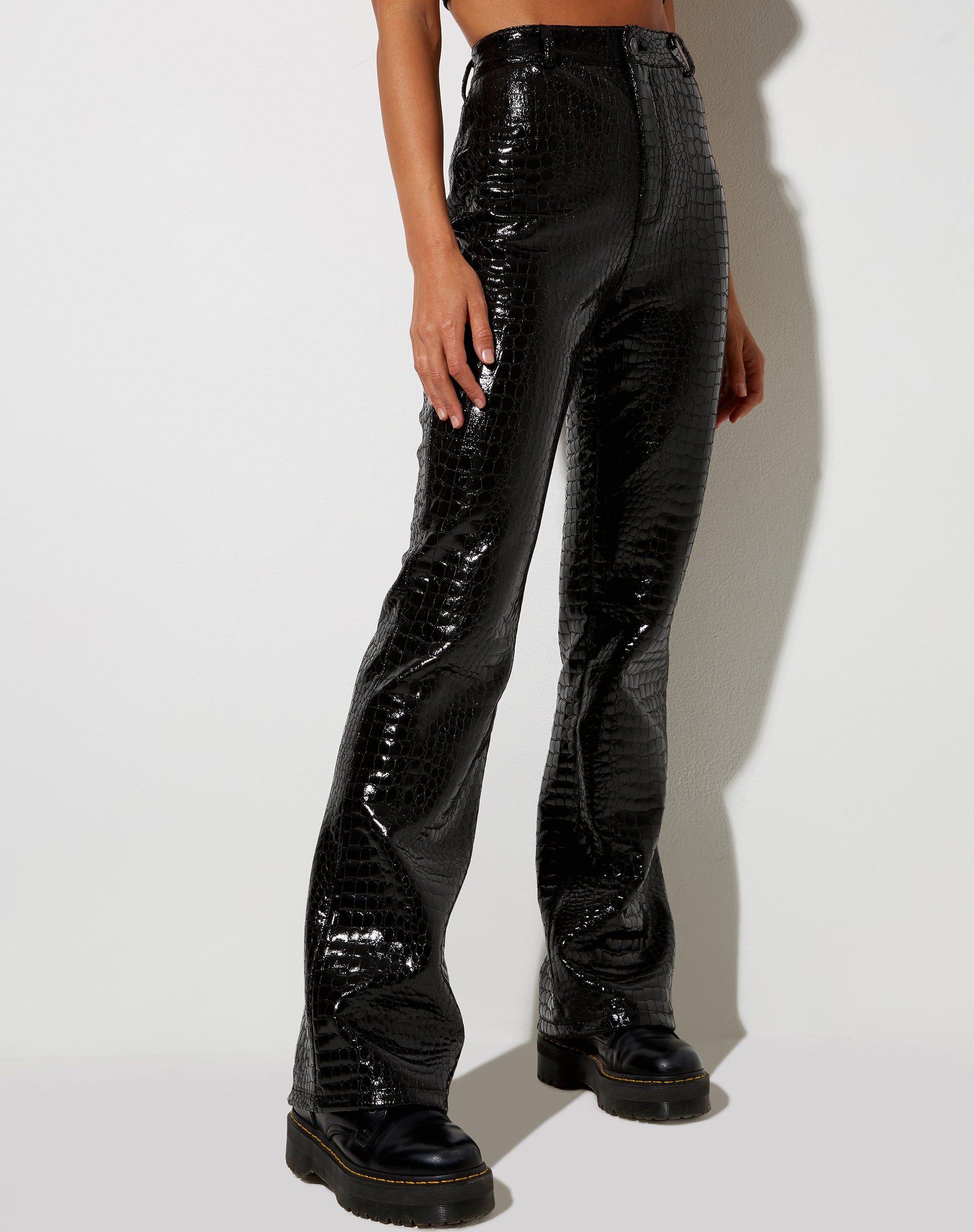 Image of Zoven Flare Trouser in Croc PU Black