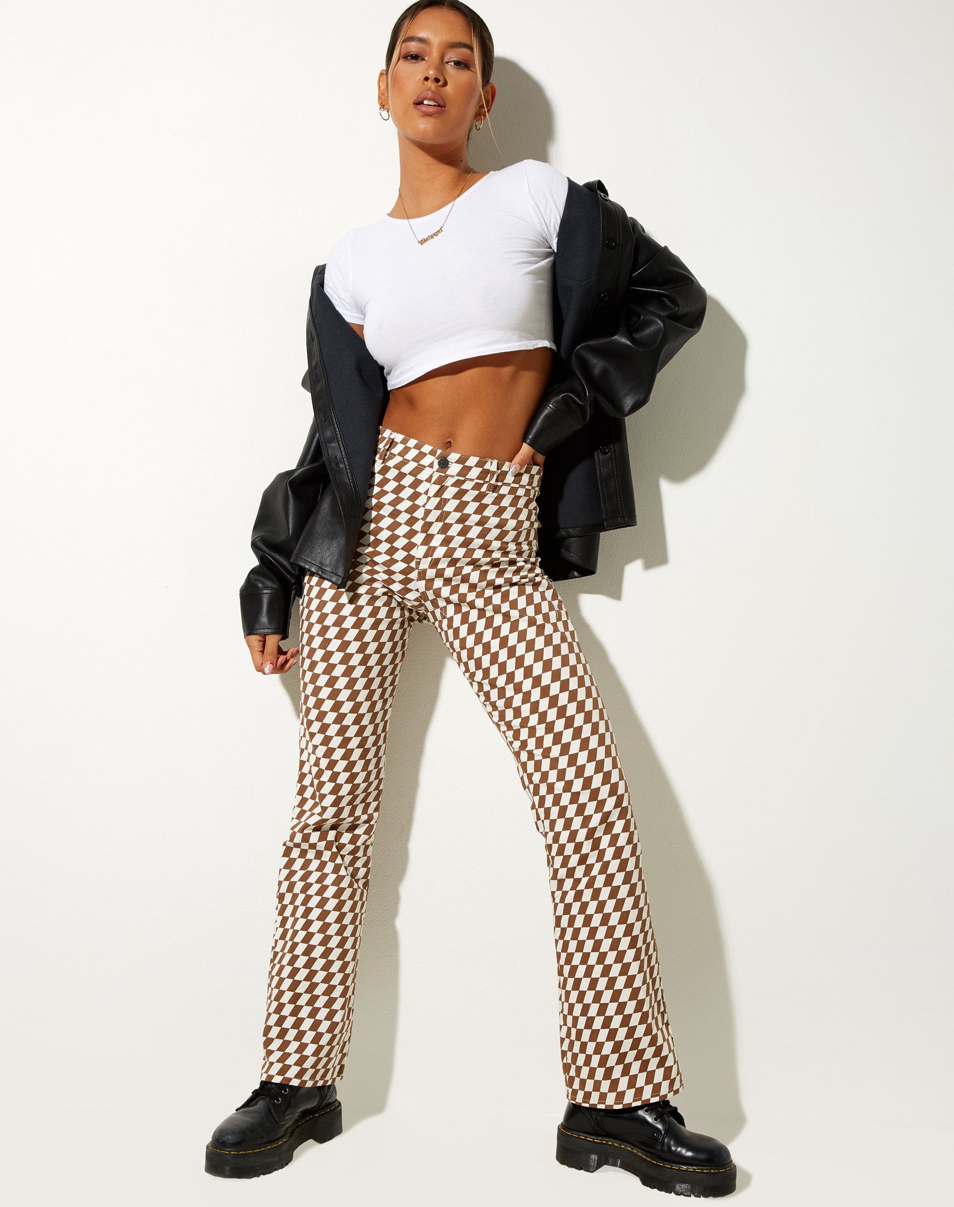 Image of Zoven Flare Trouser in Diagonal Checker Tan and Ivory