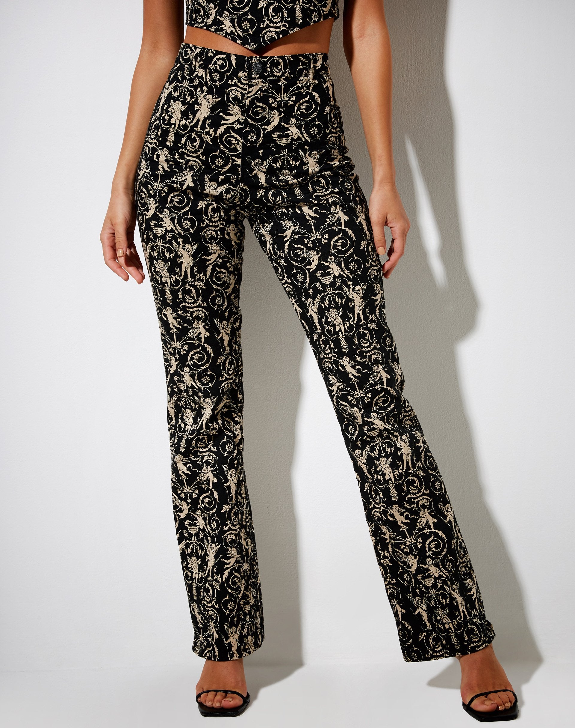 Image of Zoven Flare Trouser in Baroque Cherub Black and Gold
