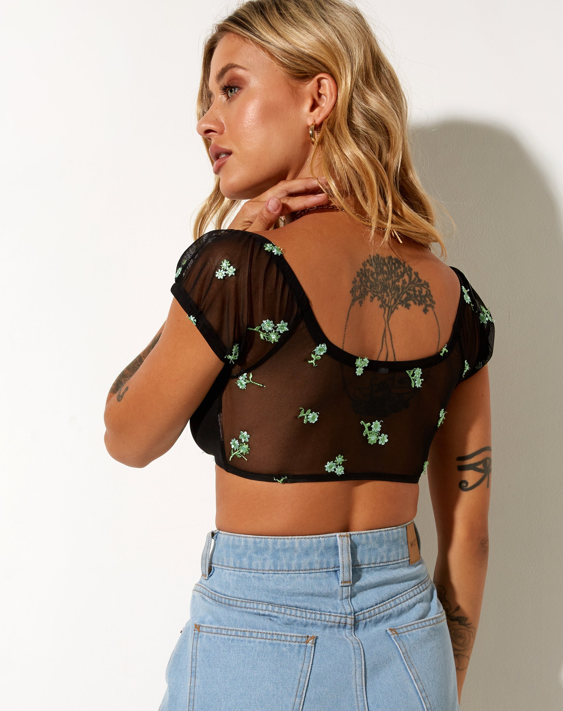 Image of Zule Crop Top in Black Daisy Lime Embro