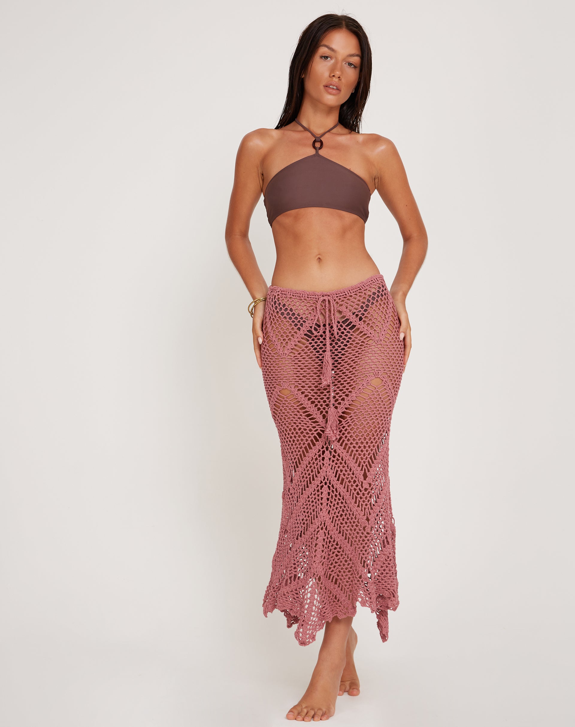 Image of Riyati Crochet Midi Waterfall Skirt in Mauve